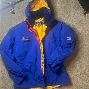 Obermeyer Sport Blue Ski Coat with Yellow and Red Accents